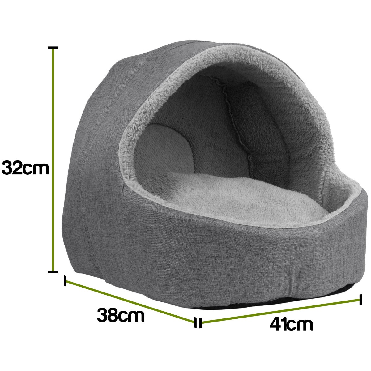 Grey soft fleece cat igloo bed with removable cushion cat bed inside, designed for cats and small pets to rest comfortably