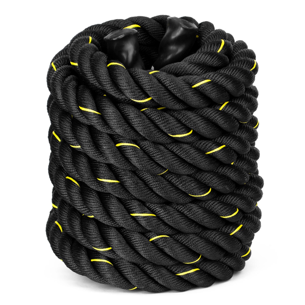 Coiled 9 metre gym battle rope with thick 38mm diameter, ideal strength training rope for full body workouts
