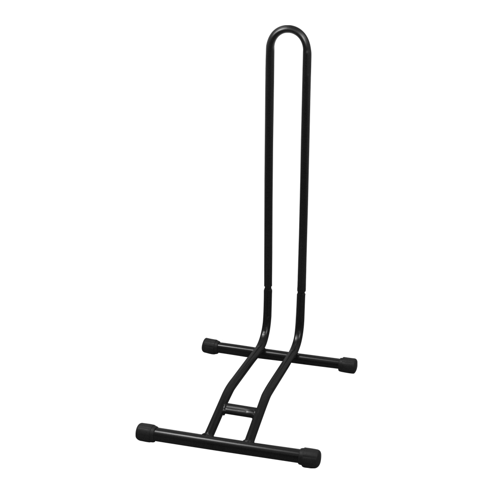 Komodo floor bike stand showing sturdy steel frame holding a bicycle wheel securely upright in a garage setting