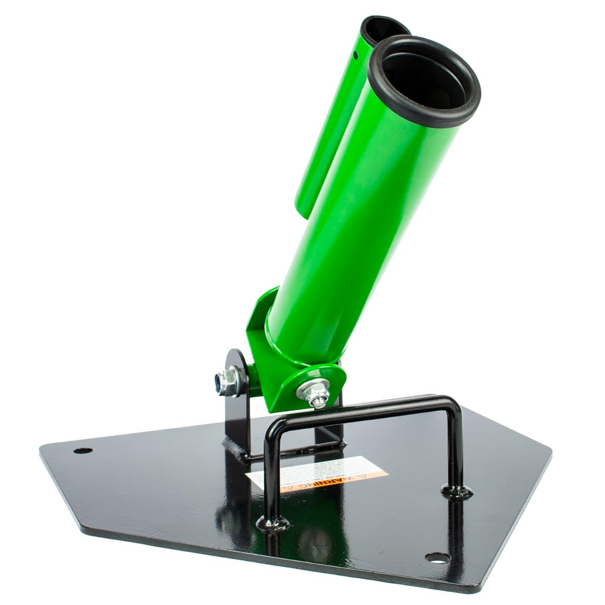 Heavy duty black and green T bar row platform with dual bar sockets for 1 and 2 inch Olympic bars on gym floor