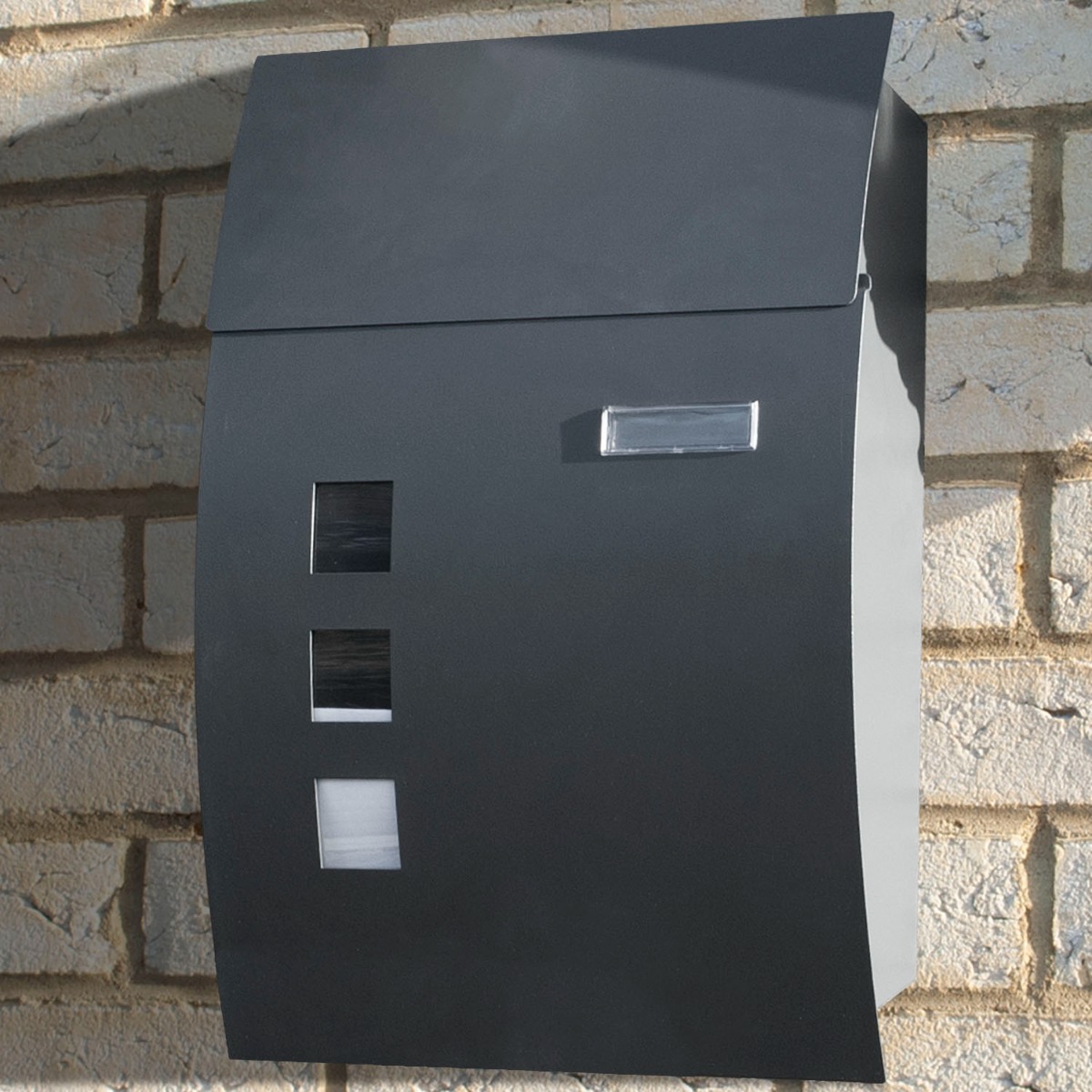 Large curved secure mailbox with lock, three viewing windows, name card slot, and waterproof letter slot cover mounted on wall