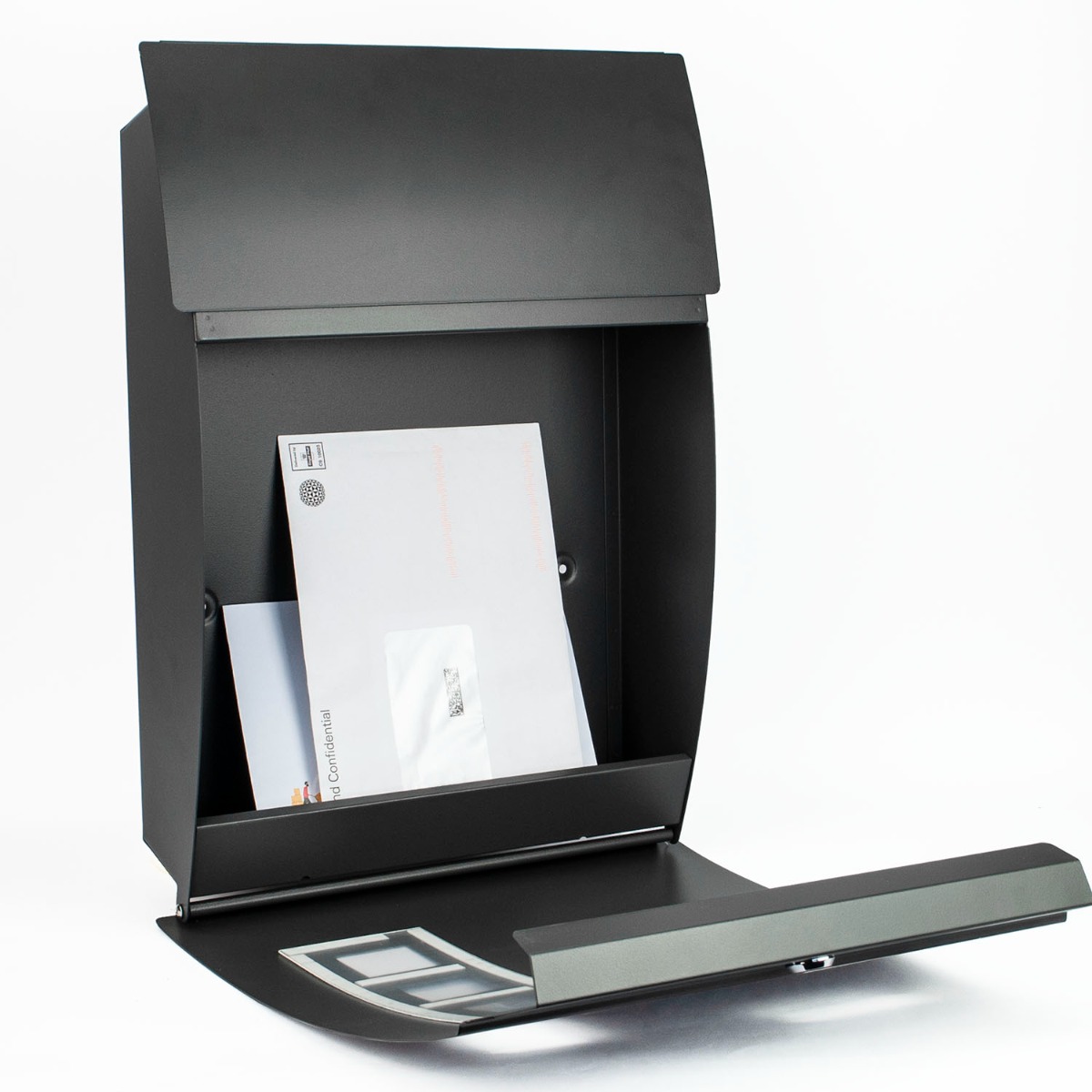 Large galvanised steel mailbox with curved design, secure lock, three viewing windows, name card slot, and wall mounting fittings