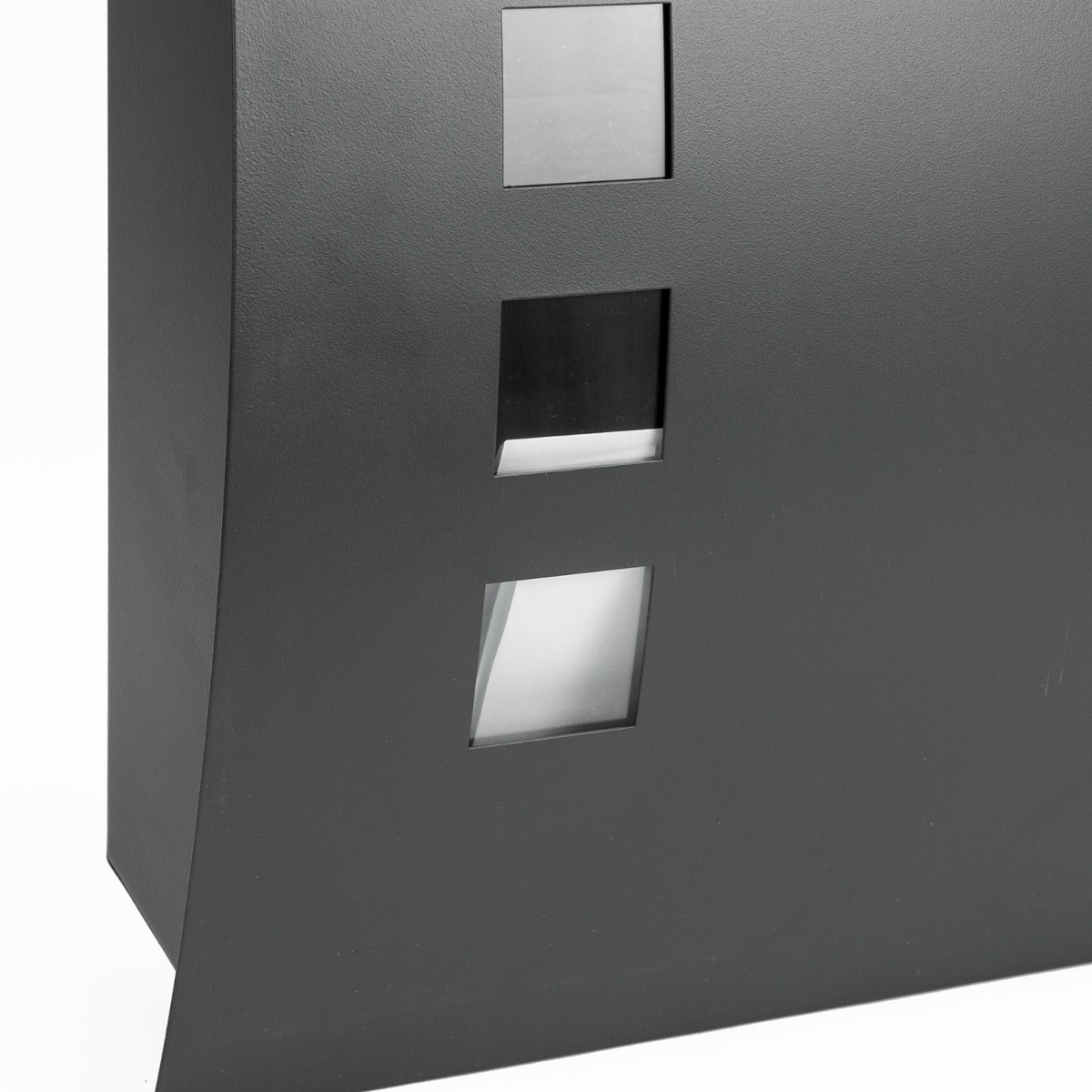 Large galvanised steel wall mounted letterbox with curved design, secure lock, three viewing windows, and name card slot