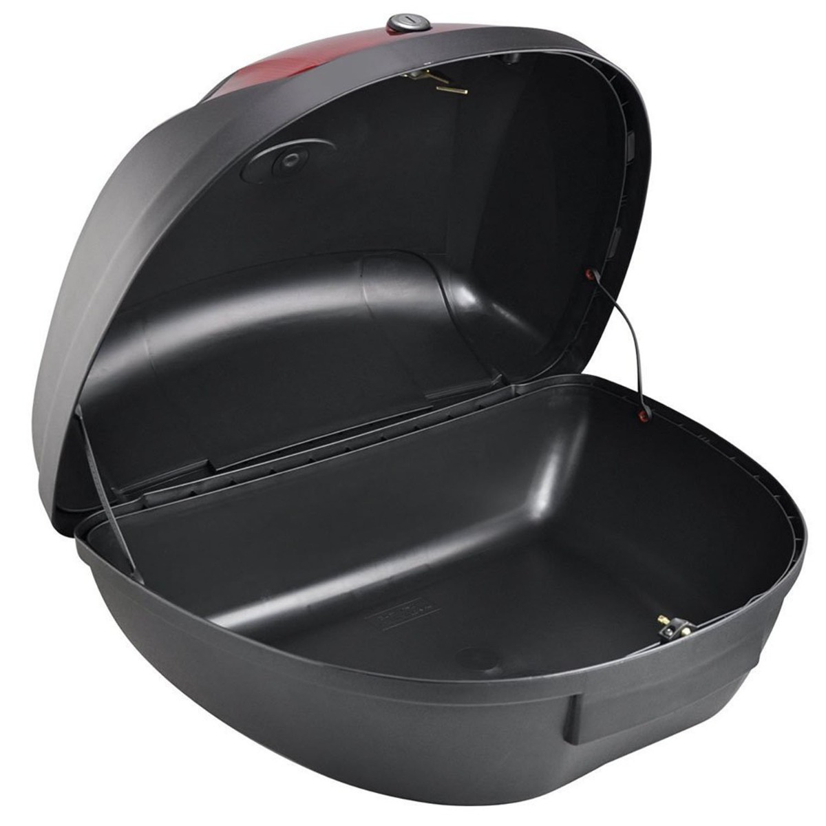 Black 52 litre top box mounted on motorcycle, showing spacious storage for two helmets with reflector and lock keys