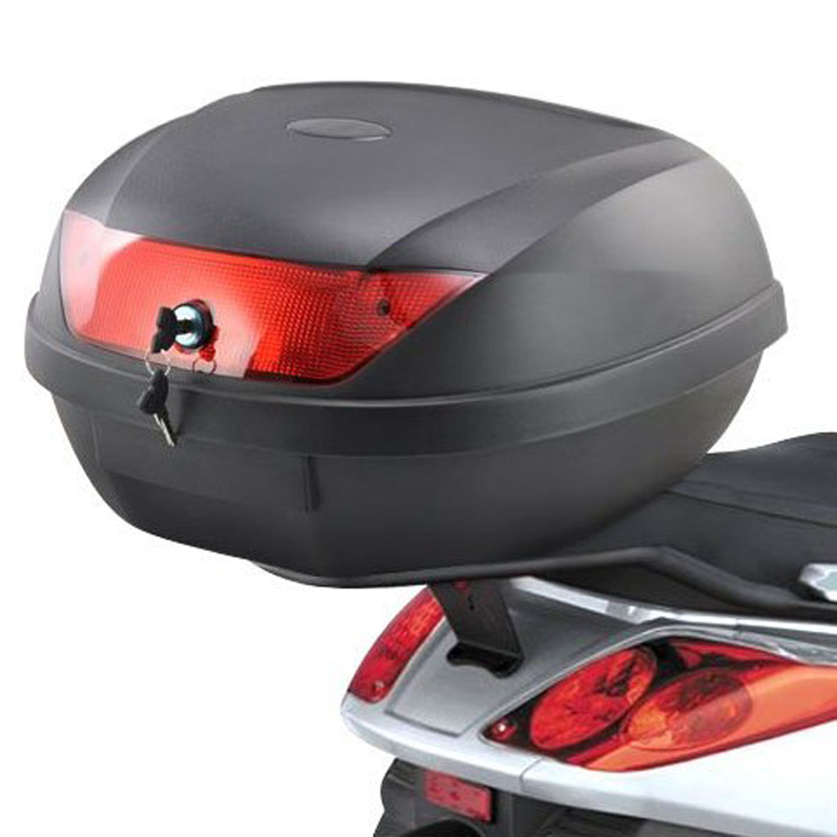 Black 52L motorcycle storage box with reflector, open showing space for two helmets and included keys on side
