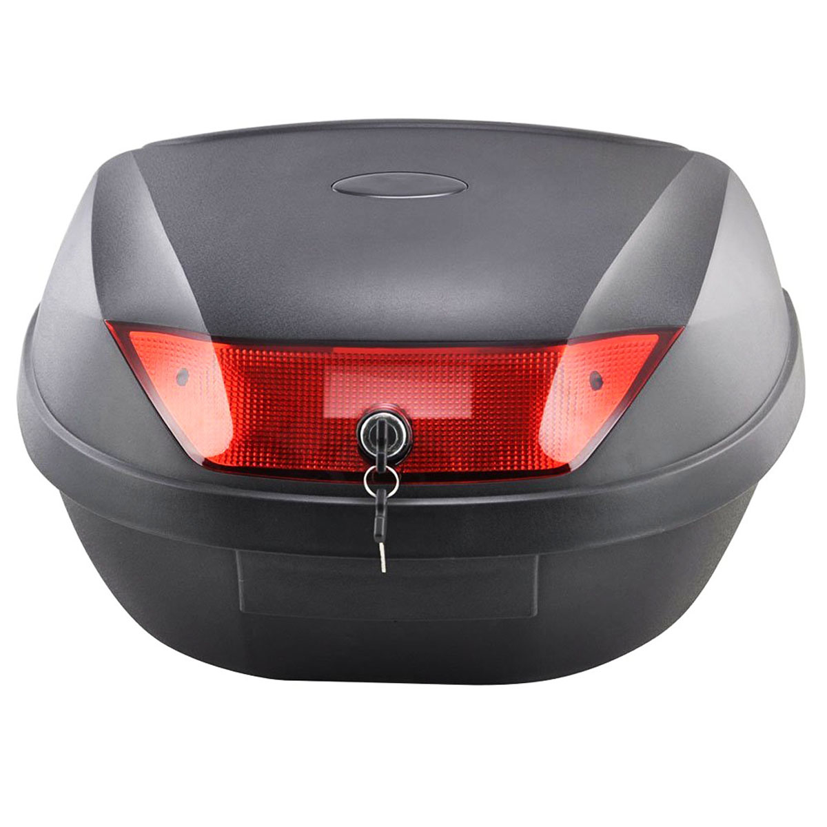 52L universal motorcycle box open showing spacious interior fitting two full-face helmets and key lock mechanism