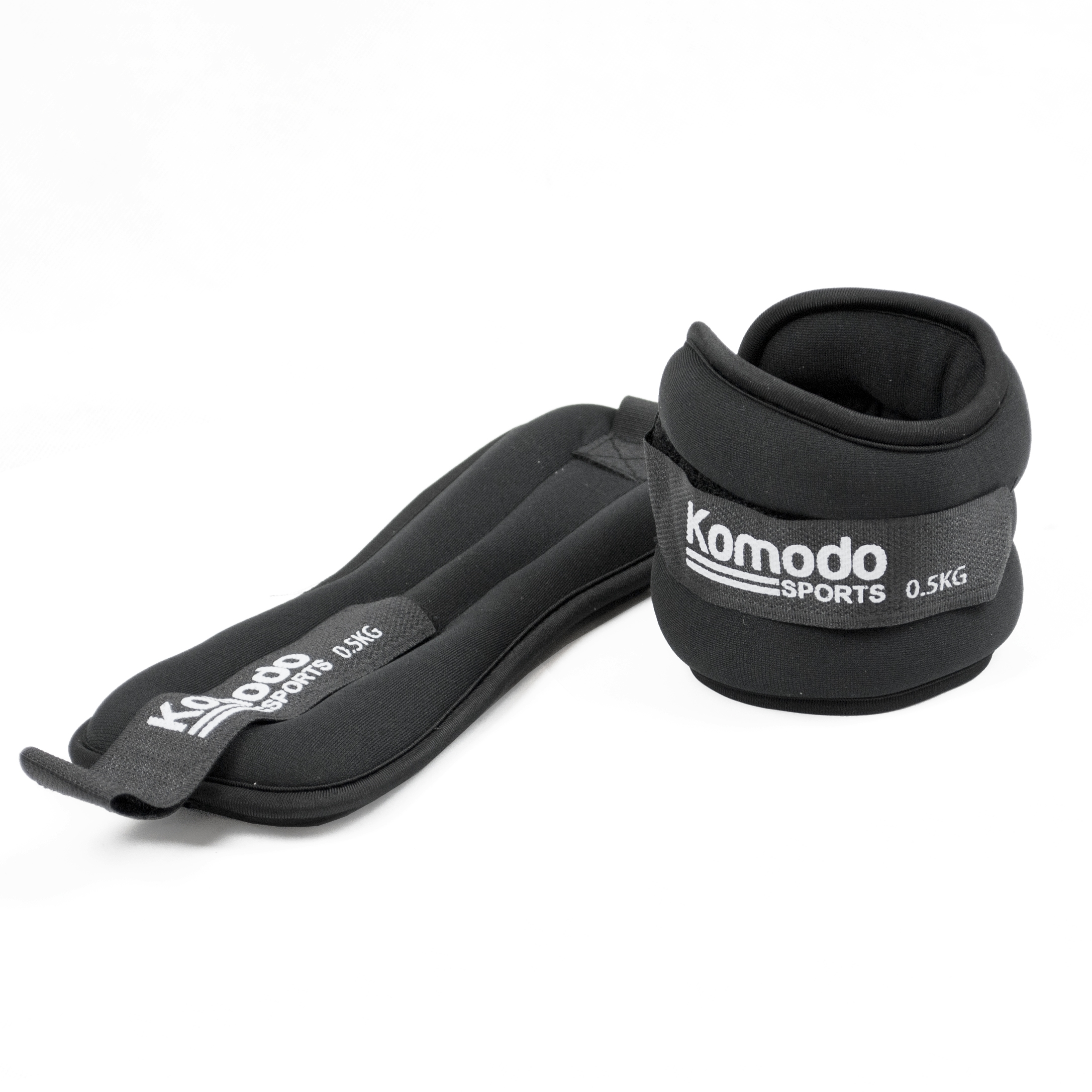 Pair of adjustable Komodo 2kg ankle weights in black neoprene with velcro straps for secure fit on ankles or wrists