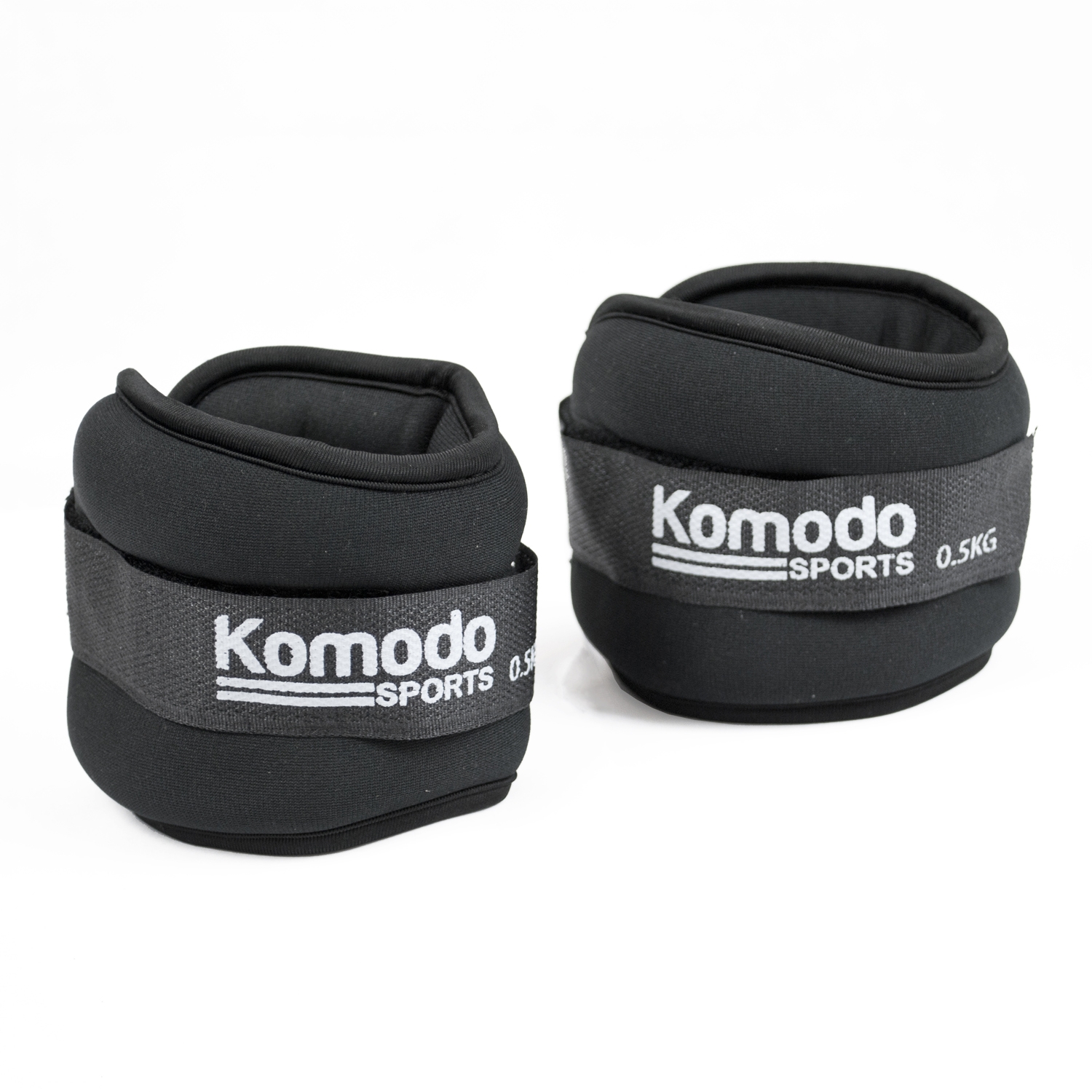 Pair of adjustable Komodo 1kg ankle weights in black neoprene with velcro straps for secure fit and comfort