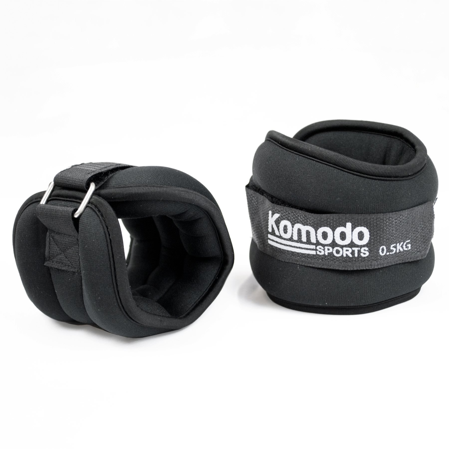 Pair of black neoprene ankle wrist weights with velcro straps, each weighing 0.5kg for adjustable fit and comfort