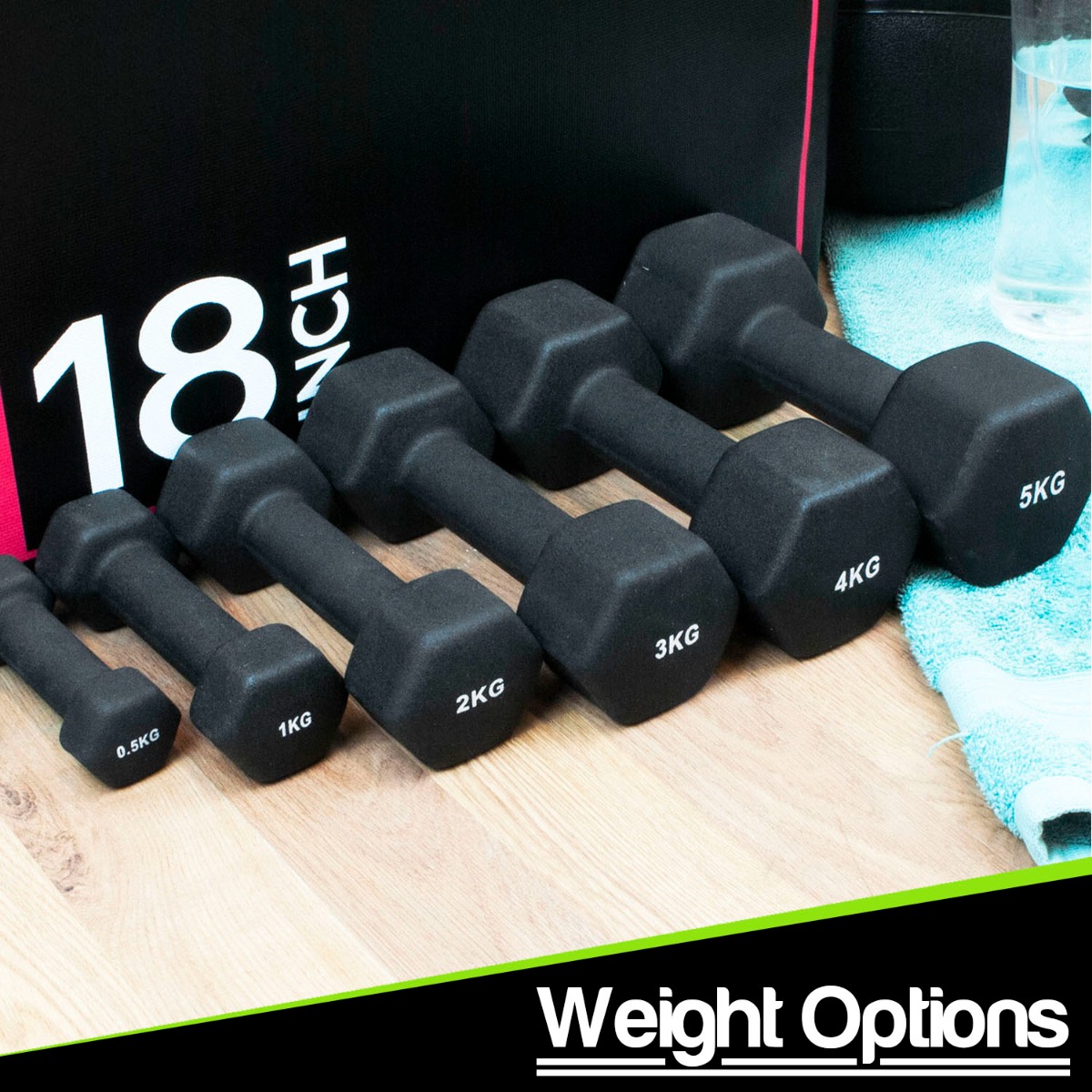 Pair of 4kg neoprene coated dumbbells with black neoprene grip and solid metal core on white background