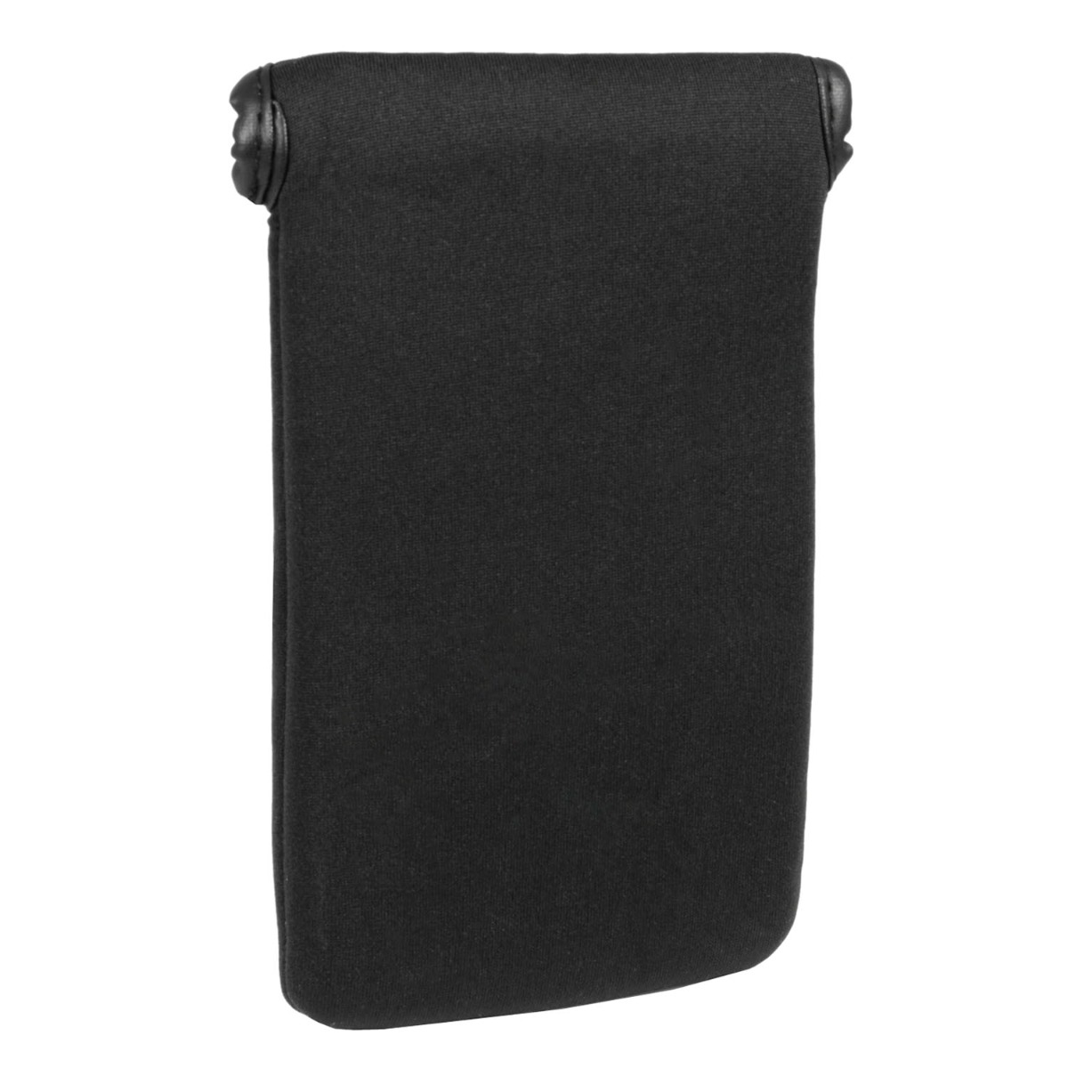 Black and green stretchy neoprene case with Velcro tab, designed to protect phones up to 165mm x 90mm from scratches and bumps