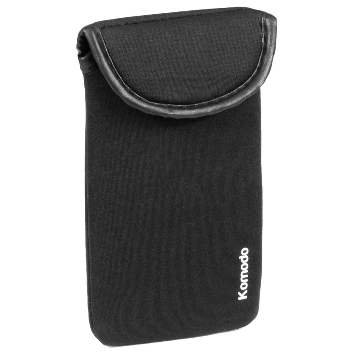 Black green phone pouch made of soft neoprene with Komodo logo and Velcro fastening tab for secure closure