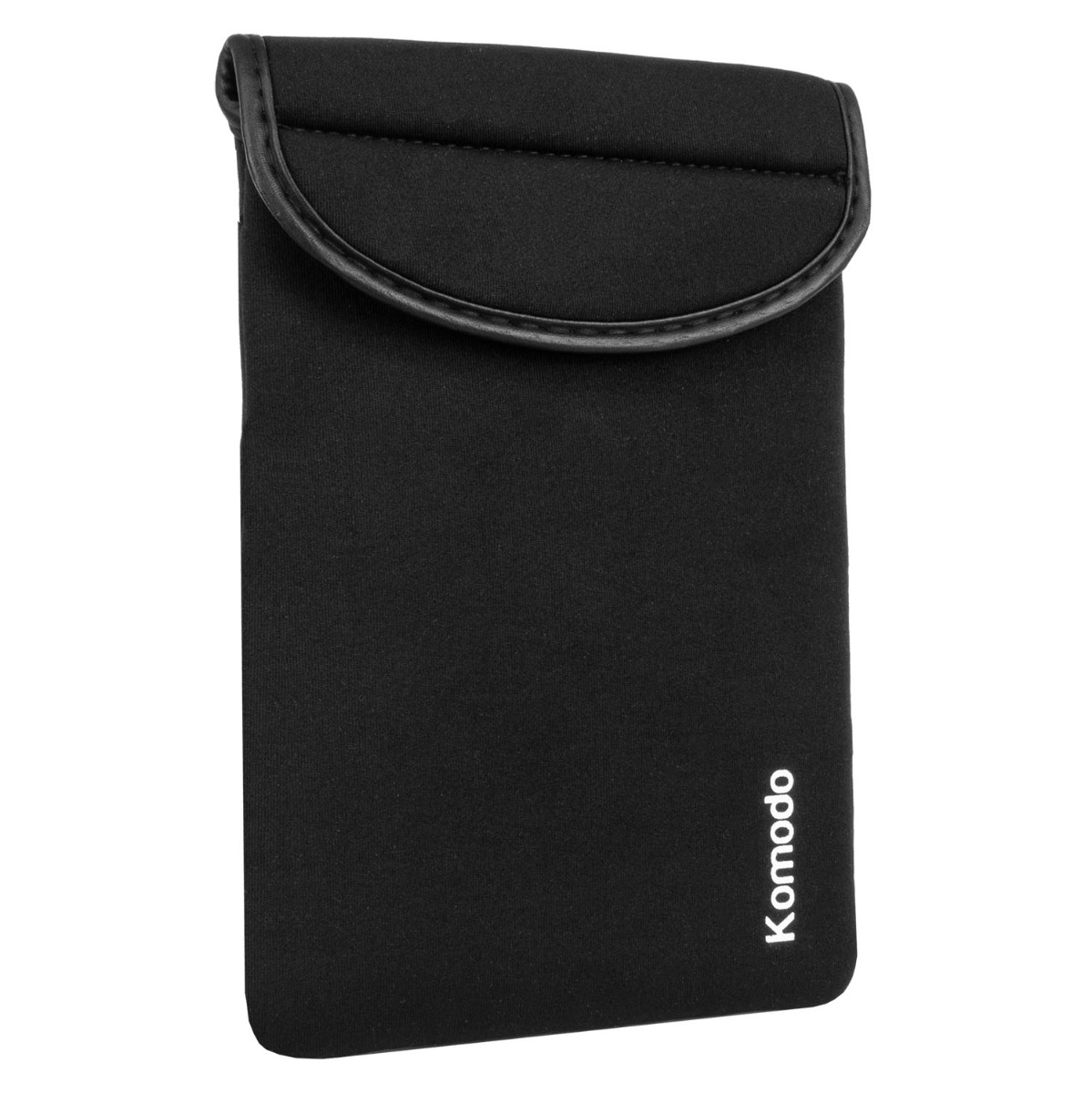 Black neoprene tablet sleeve with Komodo logo and Velcro tab, fits 6 to 8 inch tablets, soft protective pouch