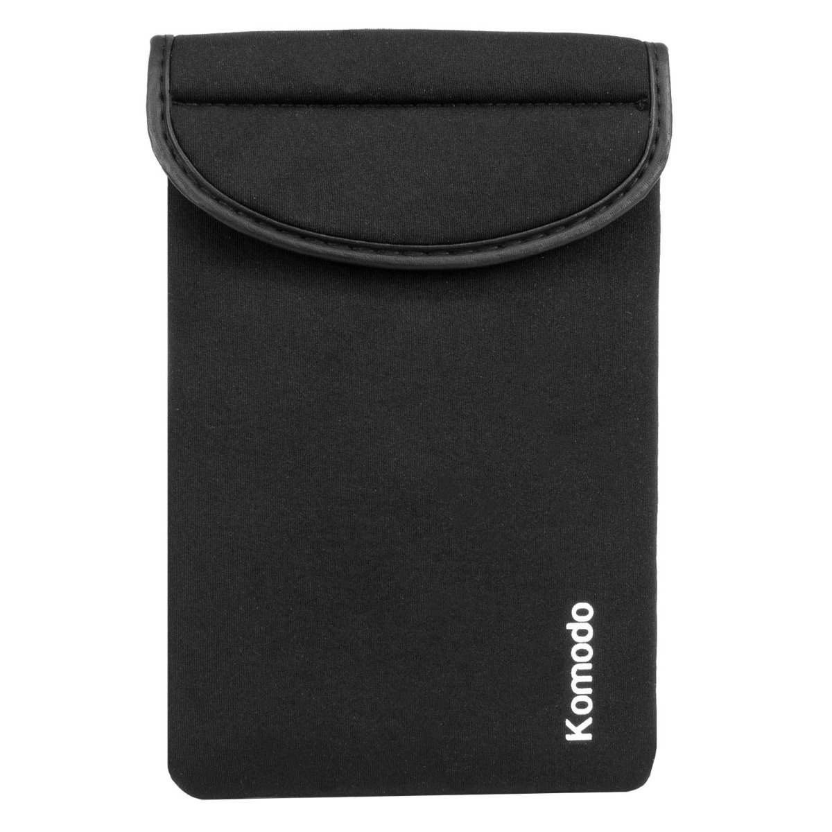 Black neoprene Komodo tablet protection case with Velcro tab, fits 6 to 8 inch tablets, soft and stretchy material