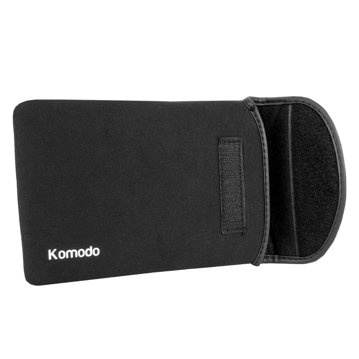 Black neoprene 6 to 8 inch tablet case with Komodo logo and Velcro tab, shown open displaying soft interior lining