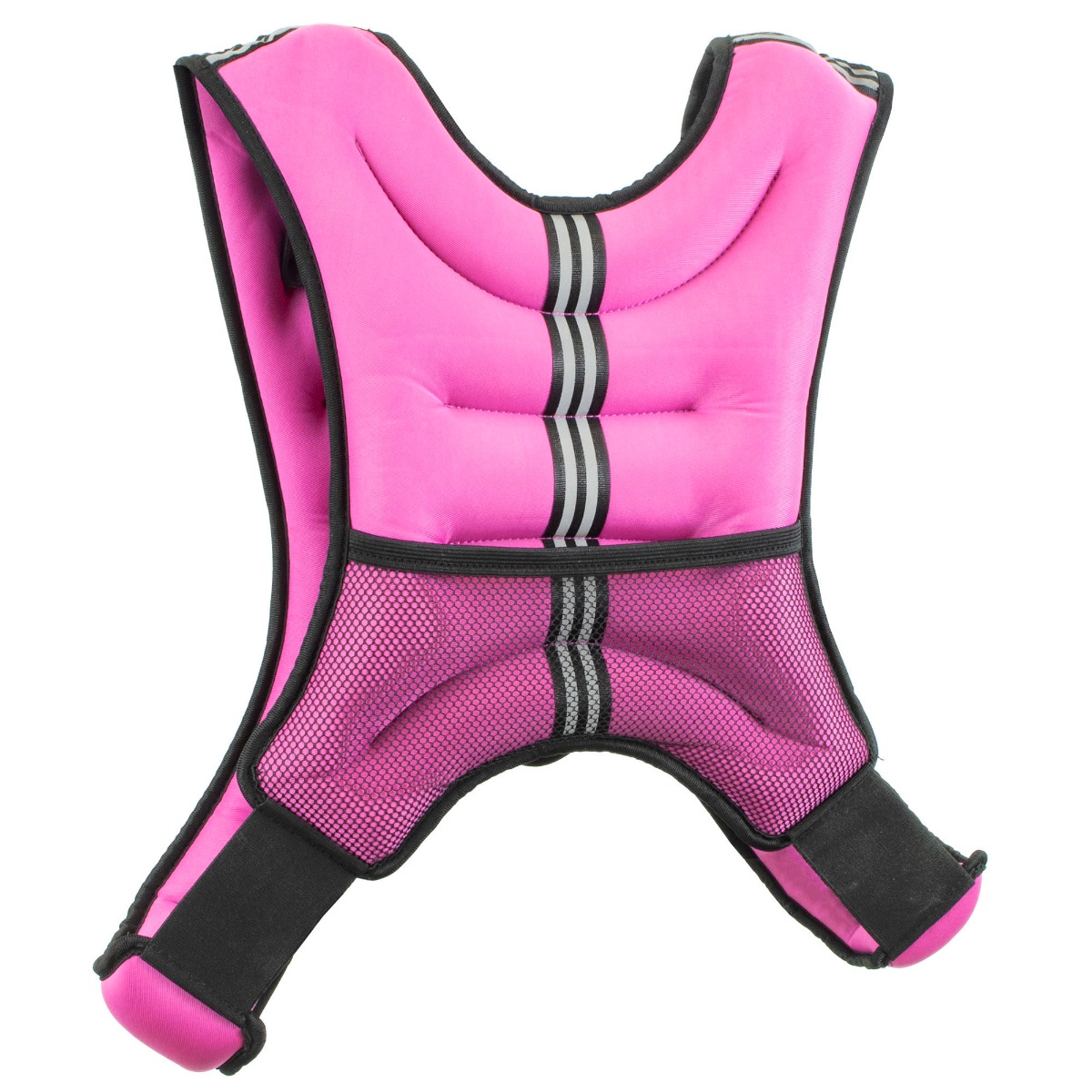 Pink 15kg adjustable weighted vest made of breathable neoprene with reflective straps and two buckled adjustments