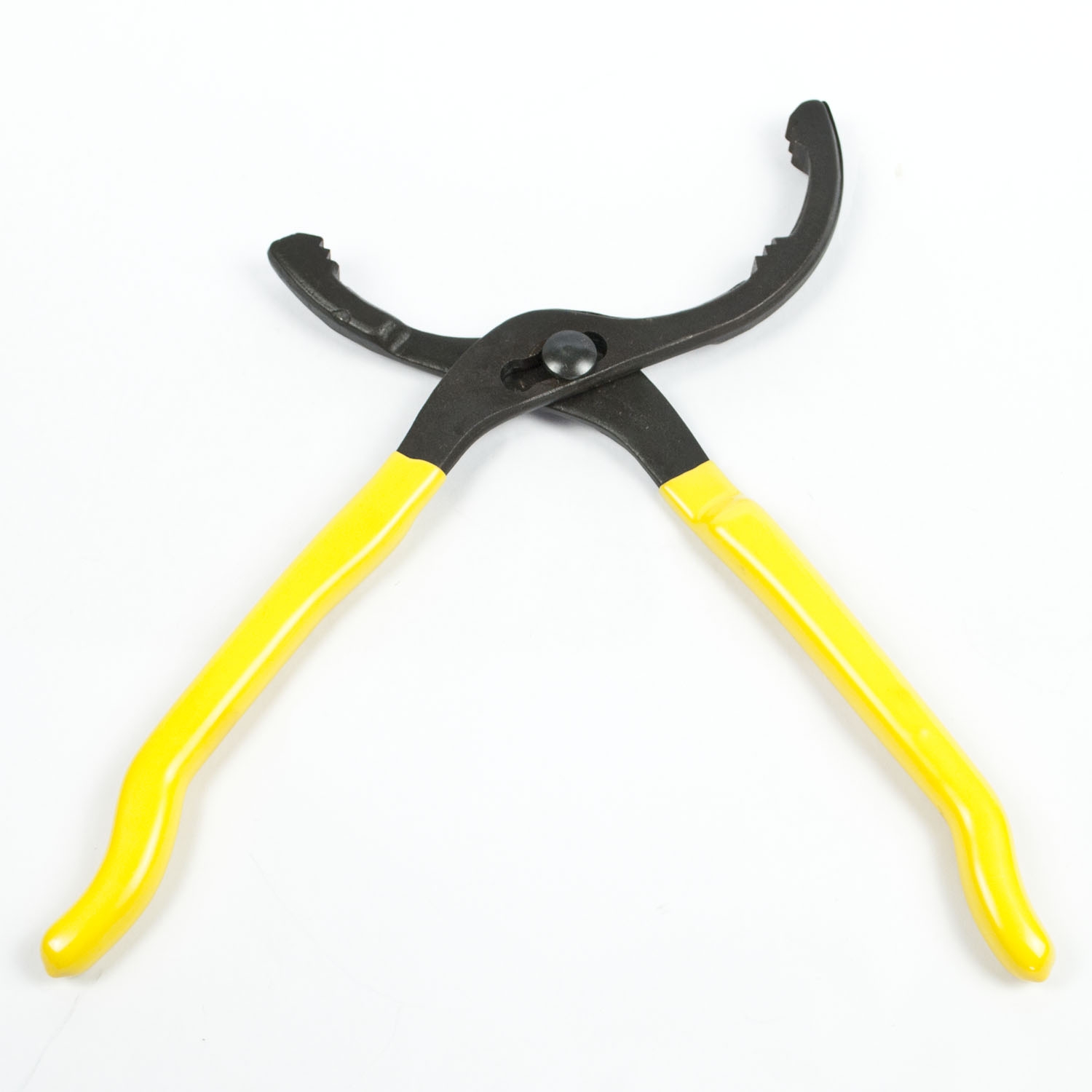 12" adjustable oil filter removal tool with black padded handle and yellow jaw, suitable for various filter sizes