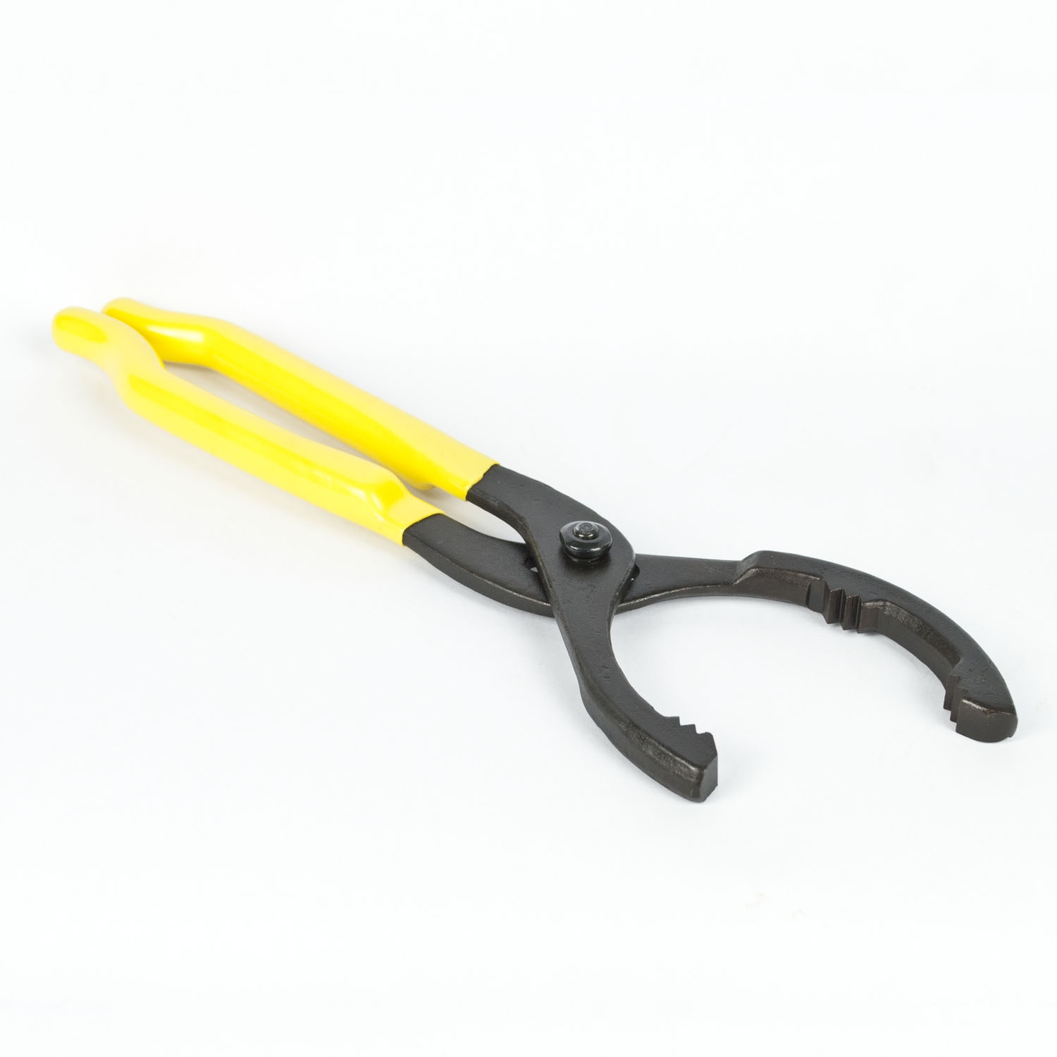 12 inch oil filter wrench with adjustable black and yellow padded handle and serrated jaws for gripping filters up to 18cm wide
