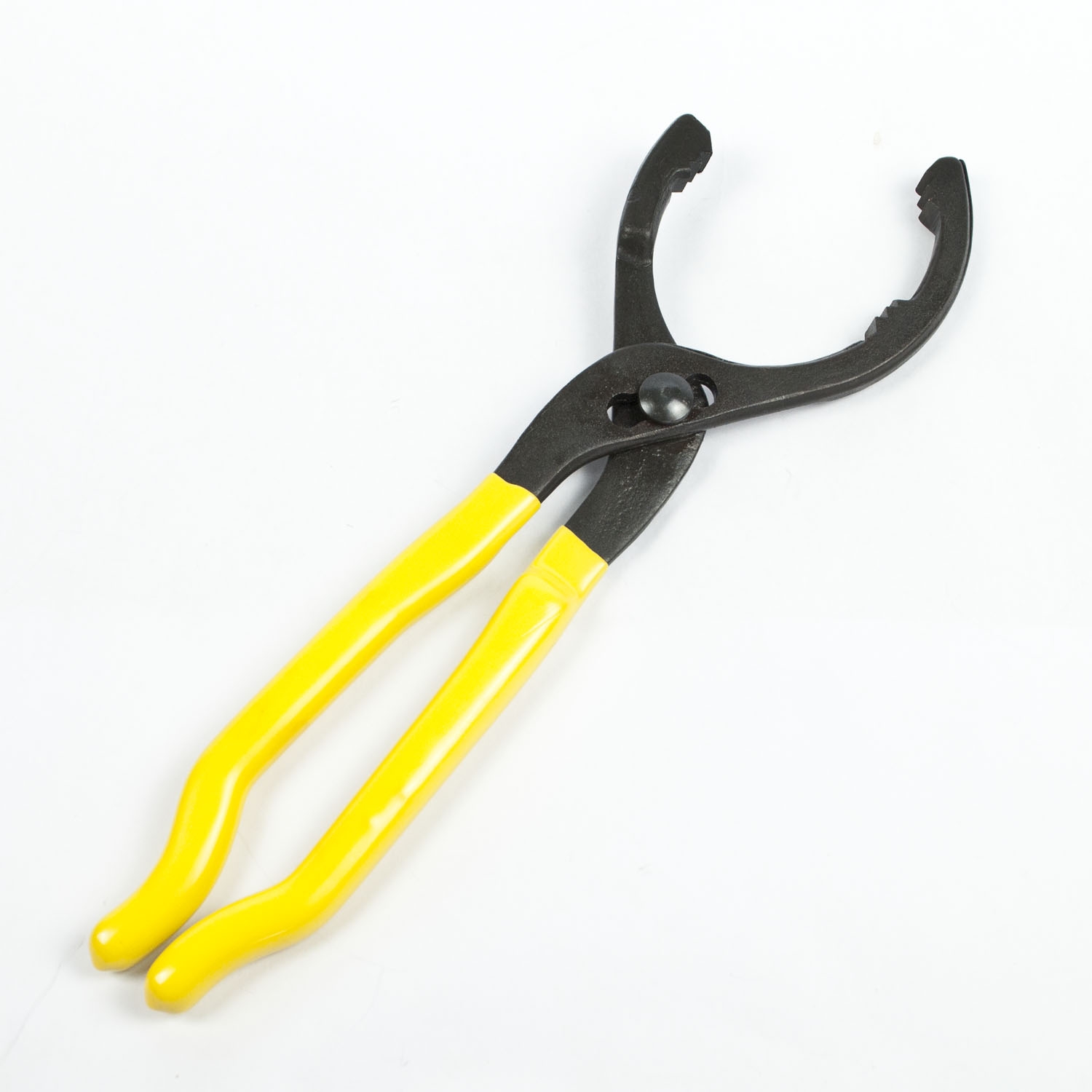 12" adjustable drop forged steel wrench with black and yellow padded handle for oil filter removal, showing jaw teeth grip detail