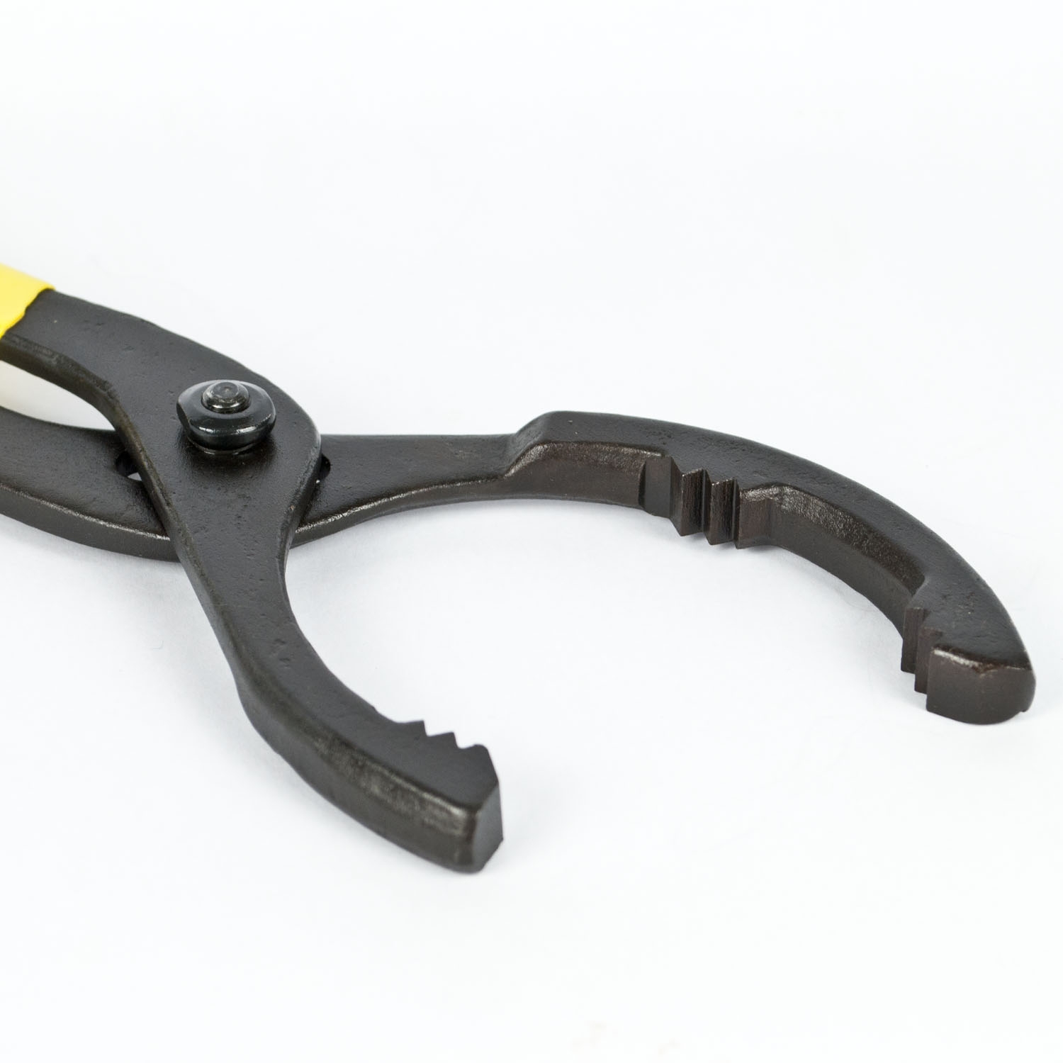 Black and yellow oil filter tool with padded handle and adjustable jaw suitable for various filter sizes, 12-inch length