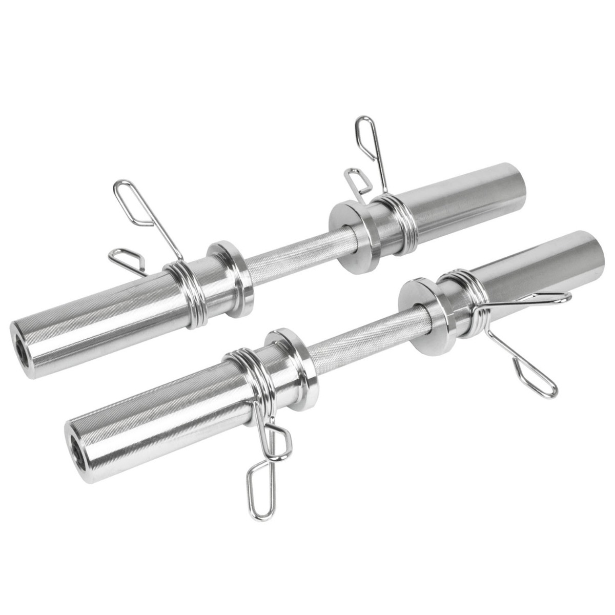 Pair of chrome-plated 2 inch Olympic dumbbell bars with knurled handles and spring collars on a white background