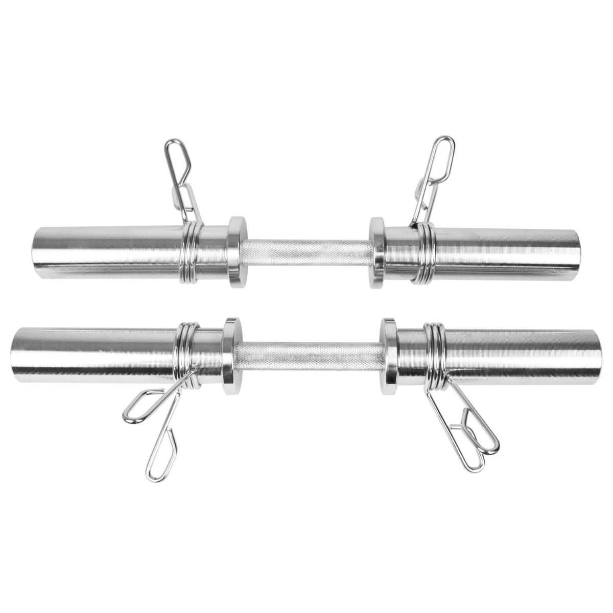 Komodo knurled handle dumbbells with chrome steel bars and spring collars shown on white background
