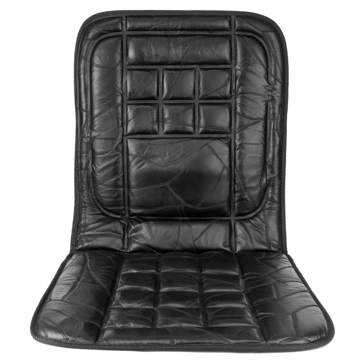 Pair of black orthopaedic padded foam seat covers made from faux leather, designed for car seats with elasticated straps