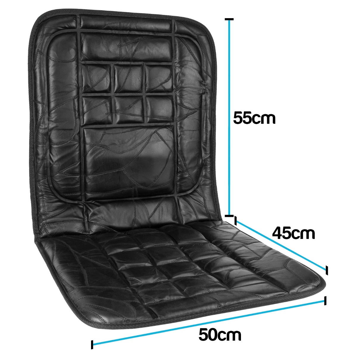 Black orthopaedic leather car seat back rest cover with padded foam, shown installed on a car seat for comfort and support