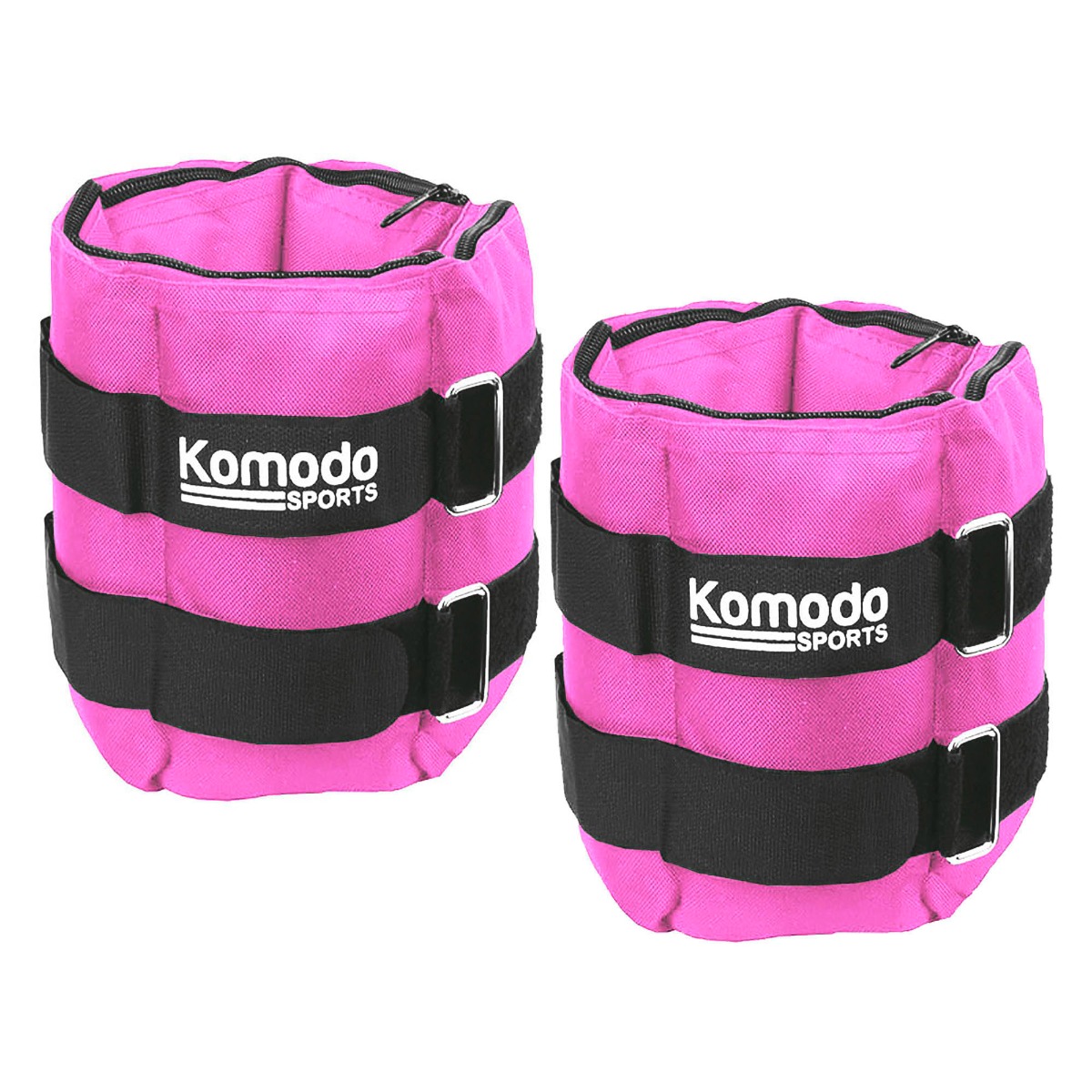 Pair of pink ankle weights with adjustable straps and metal fasteners, each weighing up to 5kg for exercise use