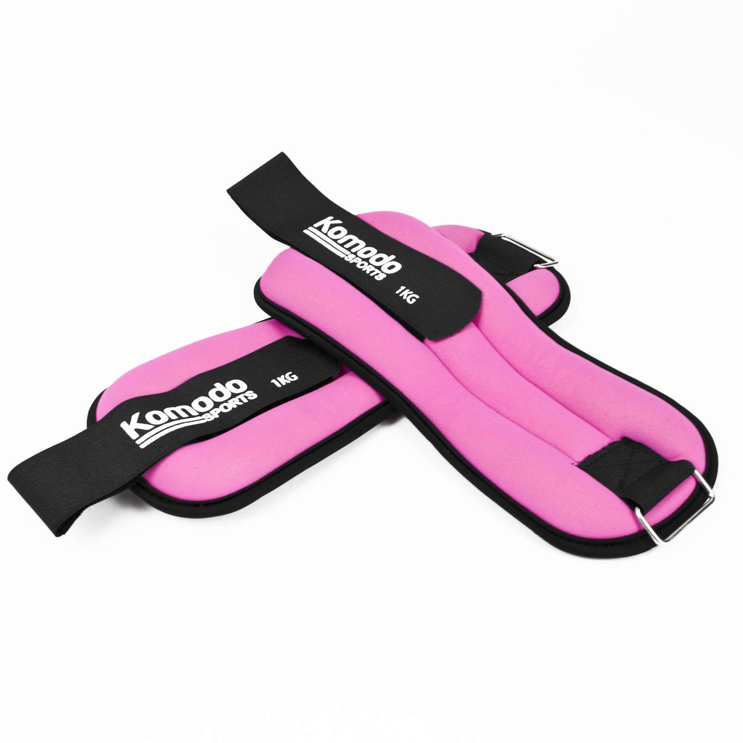 Pair of pink neoprene ankle weights with adjustable Velcro straps, each weighing 1.5kg, on white background