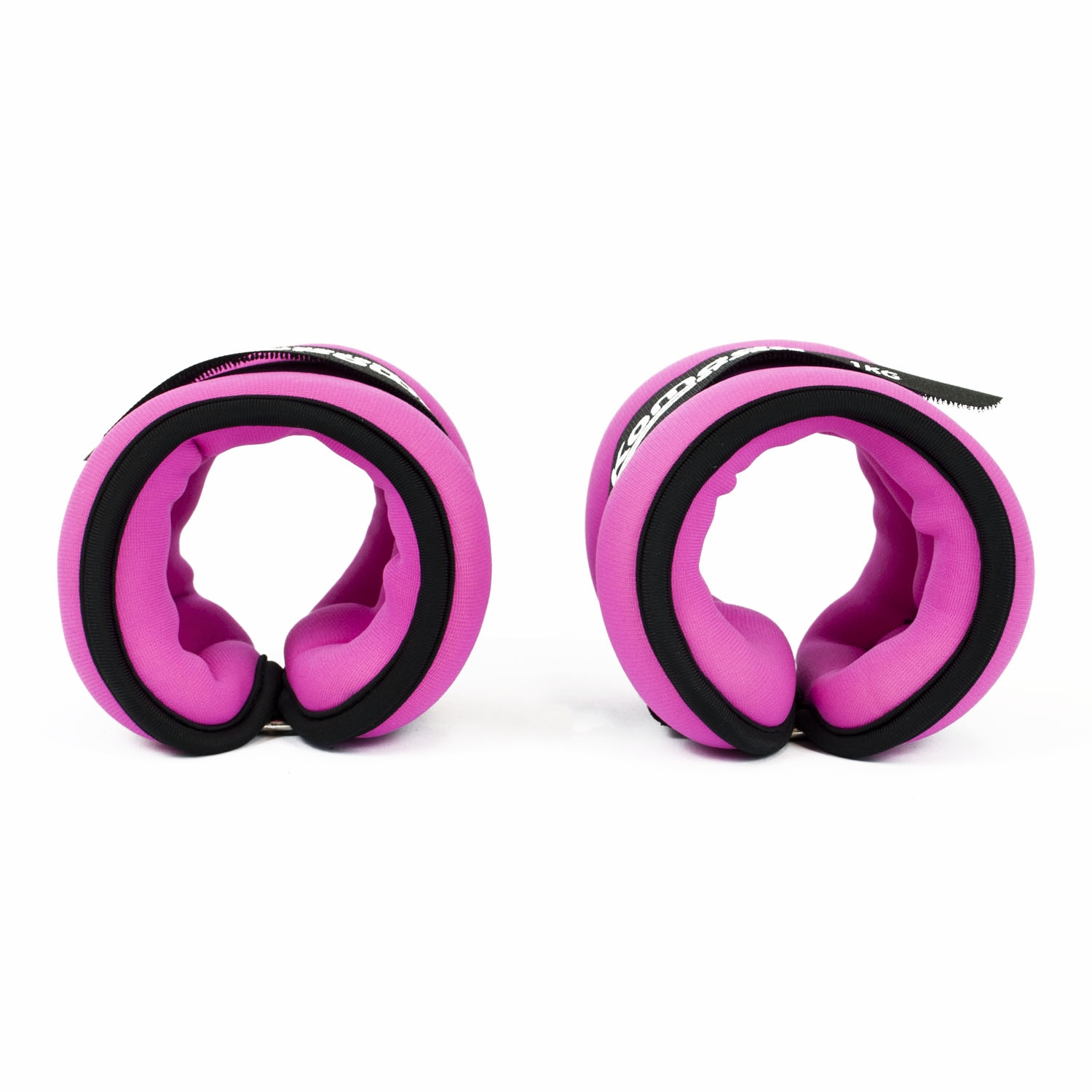 Pair of pink adjustable ankle weights with velcro straps made from soft neoprene material, each weighing 0.5kg