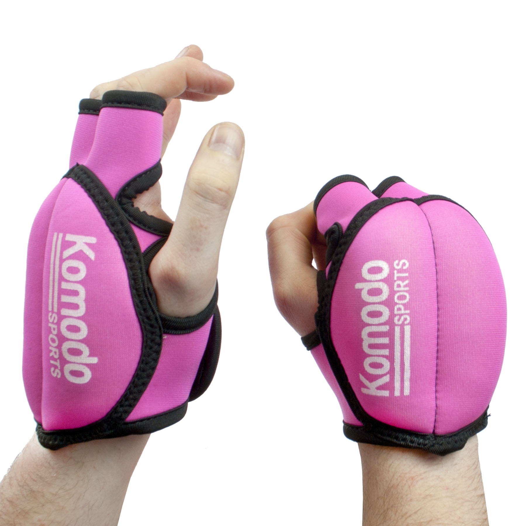 Pair of pink neoprene padded gloves with Velcro closures weighing 2kg for fitness and rehabilitation exercises