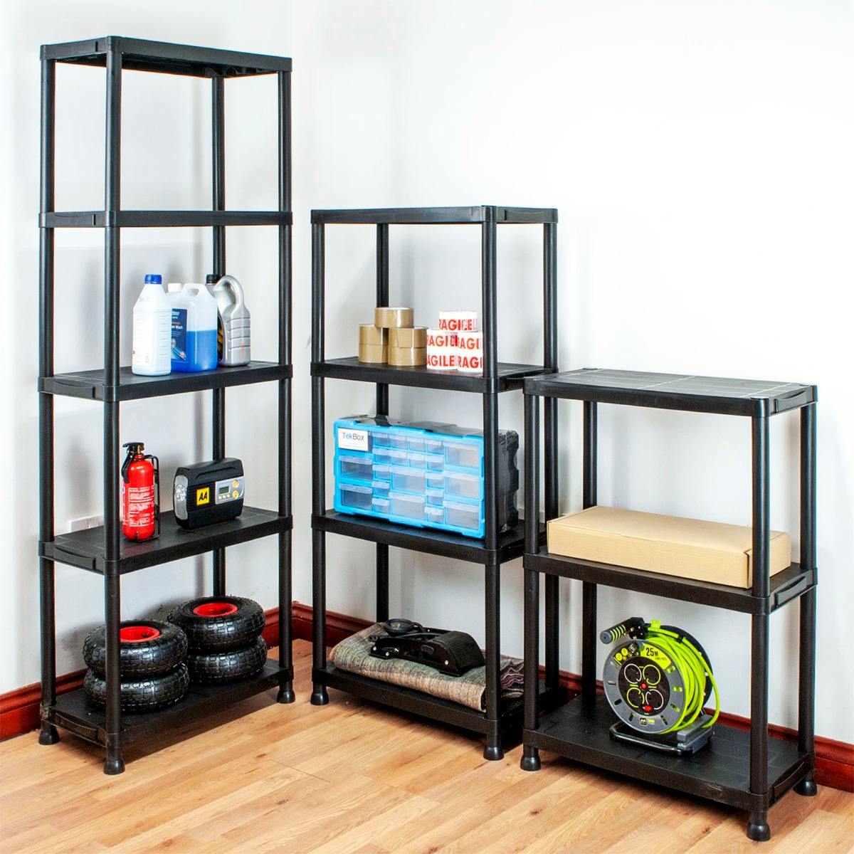 4 tier shelving unit with four plastic shelves, easy-to-assemble, measuring 133cm high, 61cm wide, 30cm deep