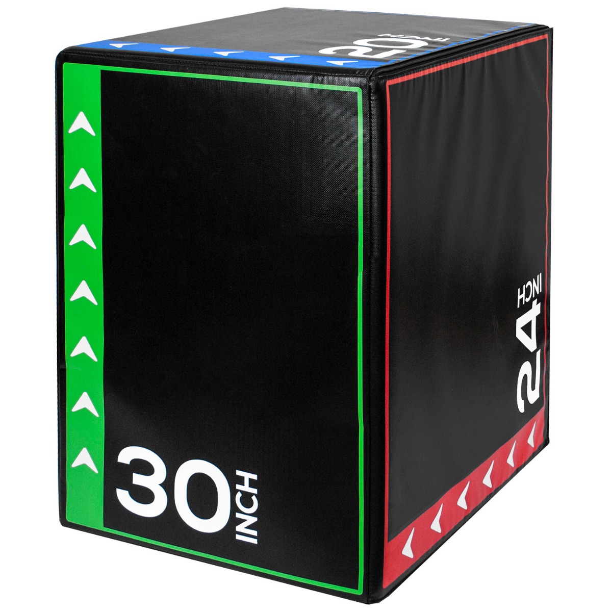 Adjustable jump box showing three height options 20, 24, and 30 inches with non-slip foam cover on gym floor