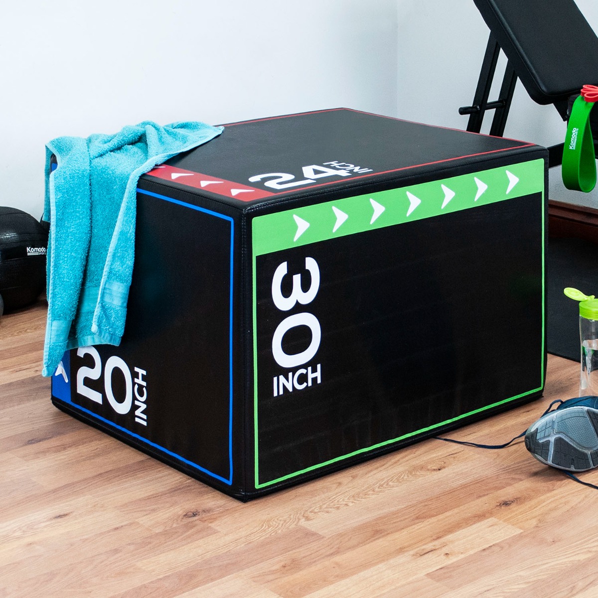 Stacked high density foam box in 20", 24", and 30" heights with removable non-slip cover for plyometric training