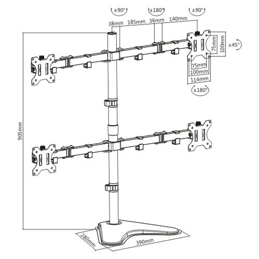 Quad screen monitor mount holding four 13-32 inch monitors with adjustable swivel, tilt, and rotation features on a desk clamp