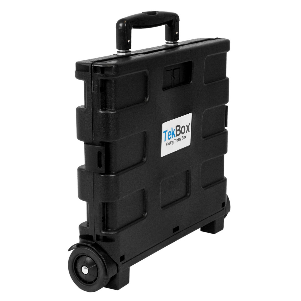 Foldable shopping cart trolley box in black with wheels and telescopic handle, shown fully open for carrying items