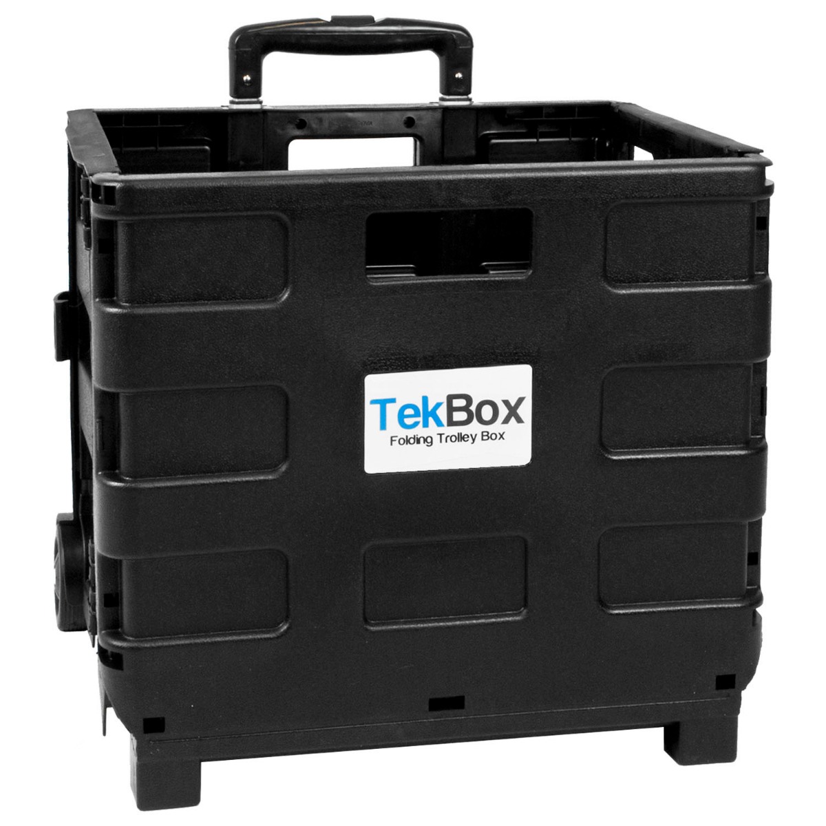 Folded portable shopping trolley box in compact form with telescopic handle and wheels for easy transport and storage