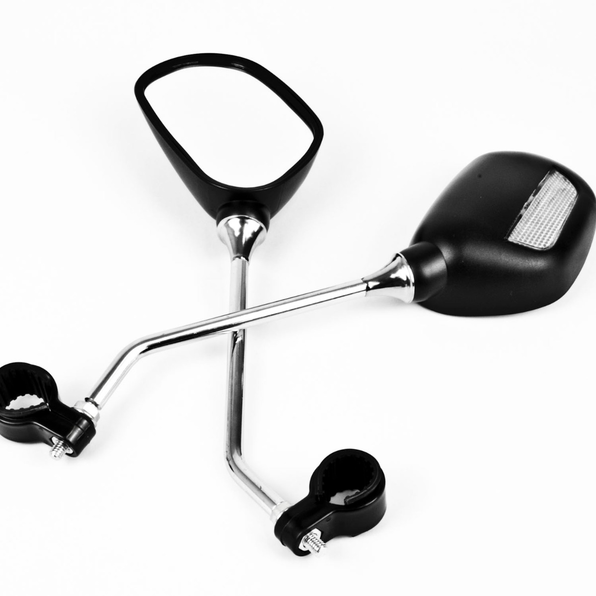 Pair of oval mobility scooter mirrors with clear reflectors and long stems attached to black handlebars