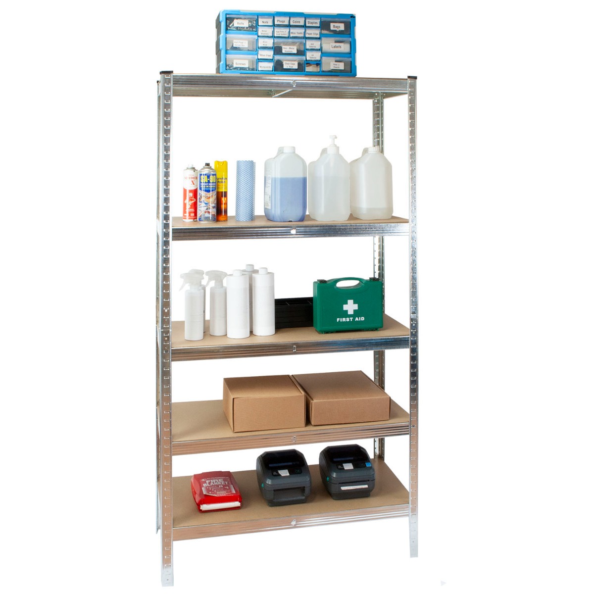 Silver boltless shelving rack with five adjustable MDF shelves in a garage setting, holding storage boxes and tools