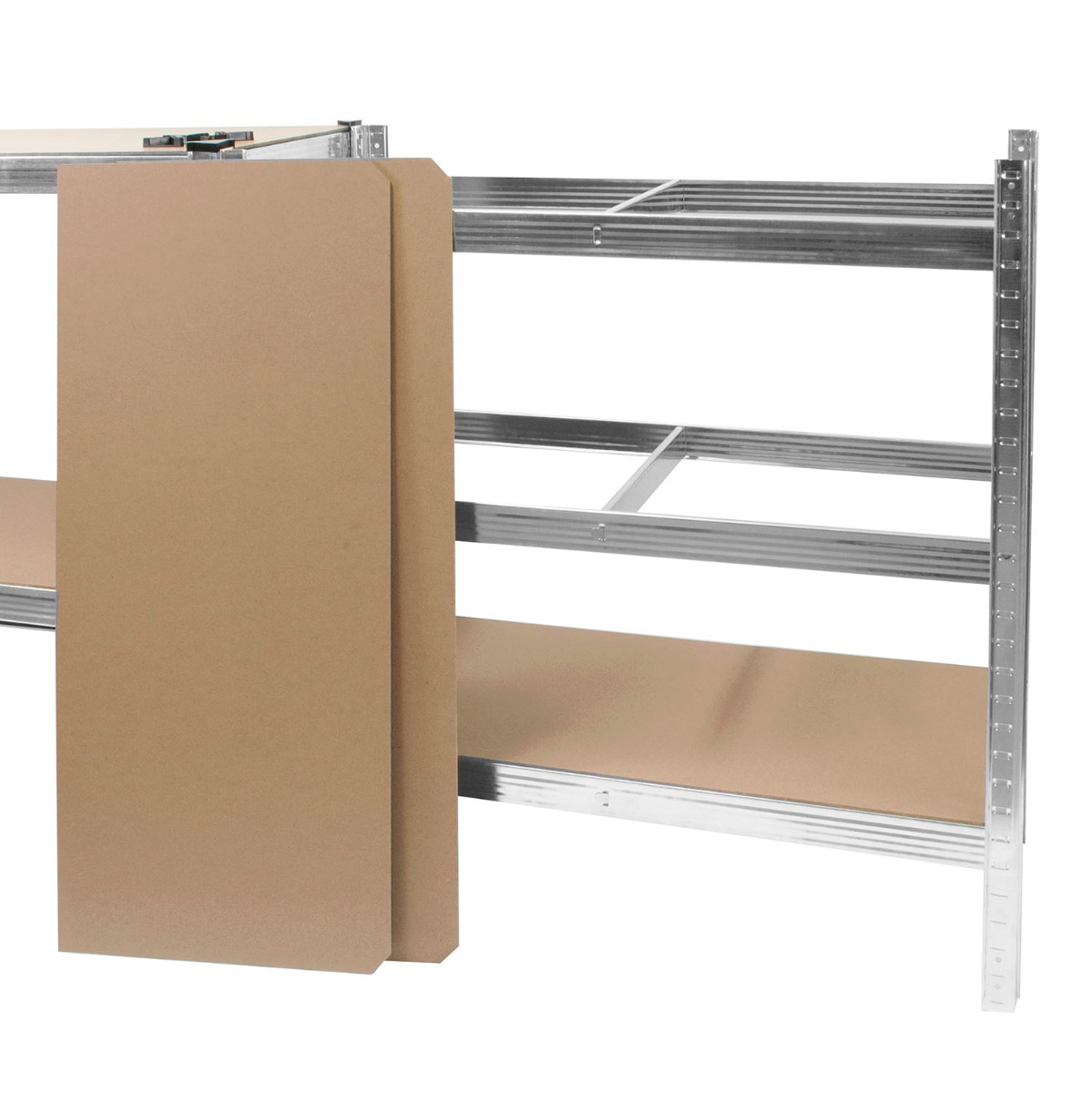 Silver adjustable shelf unit with five MDF shelves in a garage setting, showing boltless galvanised steel frame design