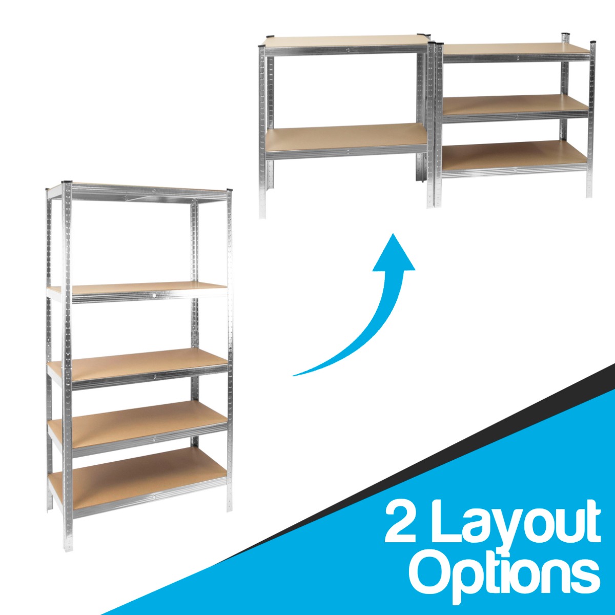 Silver boltless garage shelving rack with five MDF shelves, demonstrating adjustable click lock shelving system