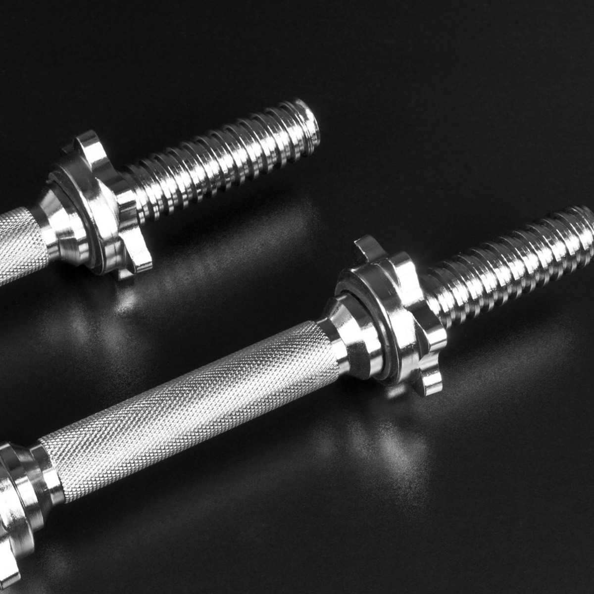 Pair of 14-inch heavy duty dumbbell bars with chrome finish and spinlock collars for securing weights on each end