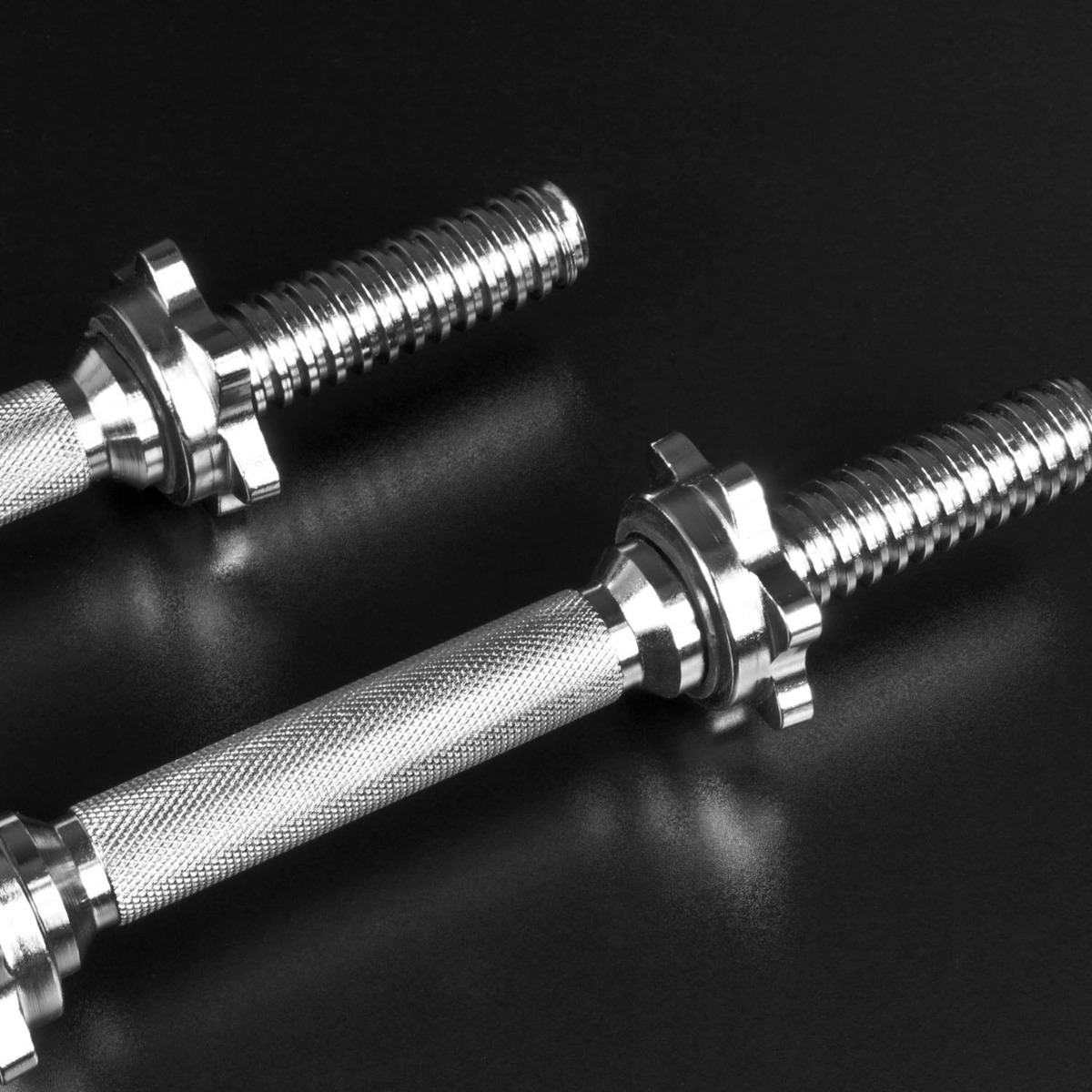 Pair of 18-inch heavy duty dumbbell bars with chrome finish and spinlock collars for secure weight plates