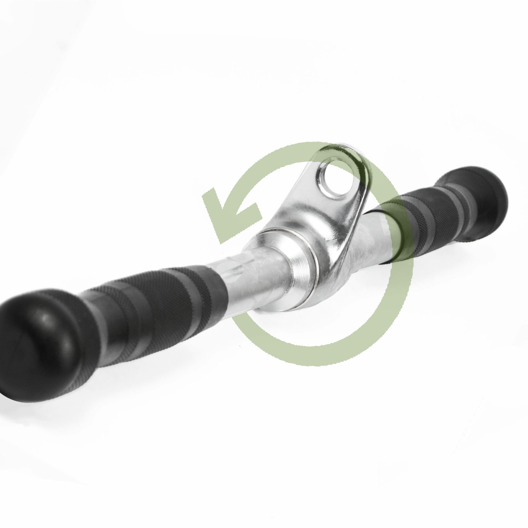 Straight cable bar with rotating centre and rubber grip handles, designed for universal cable machines and upper body workouts