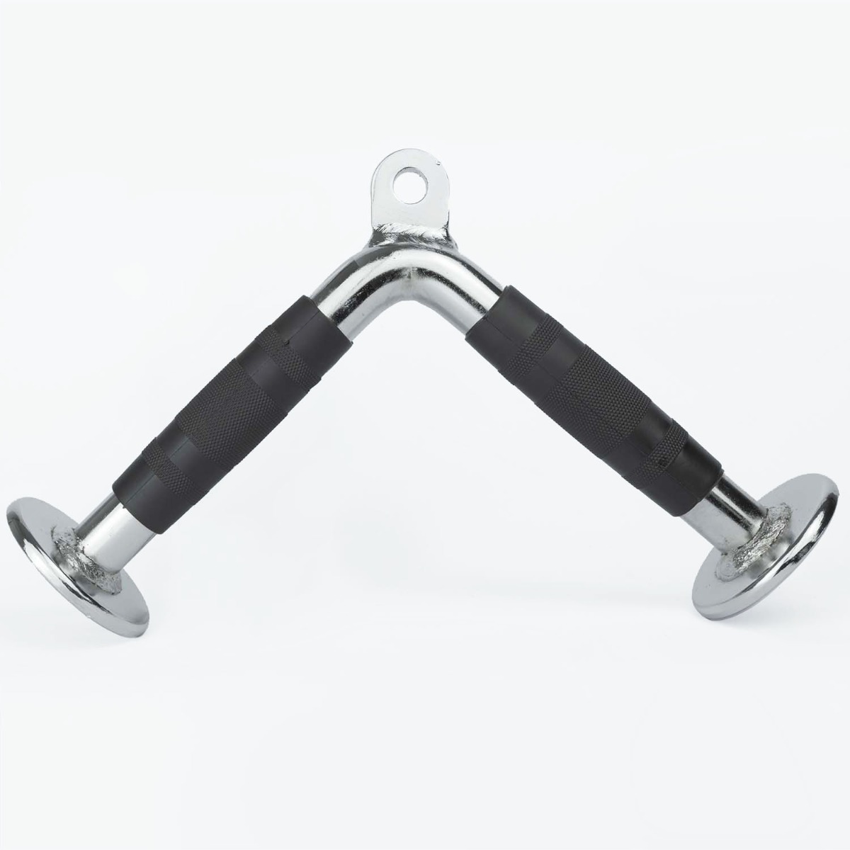 Chrome-plated rubber grip triceps bar with V shape, designed for cable machines, measuring approximately 33x18cm
