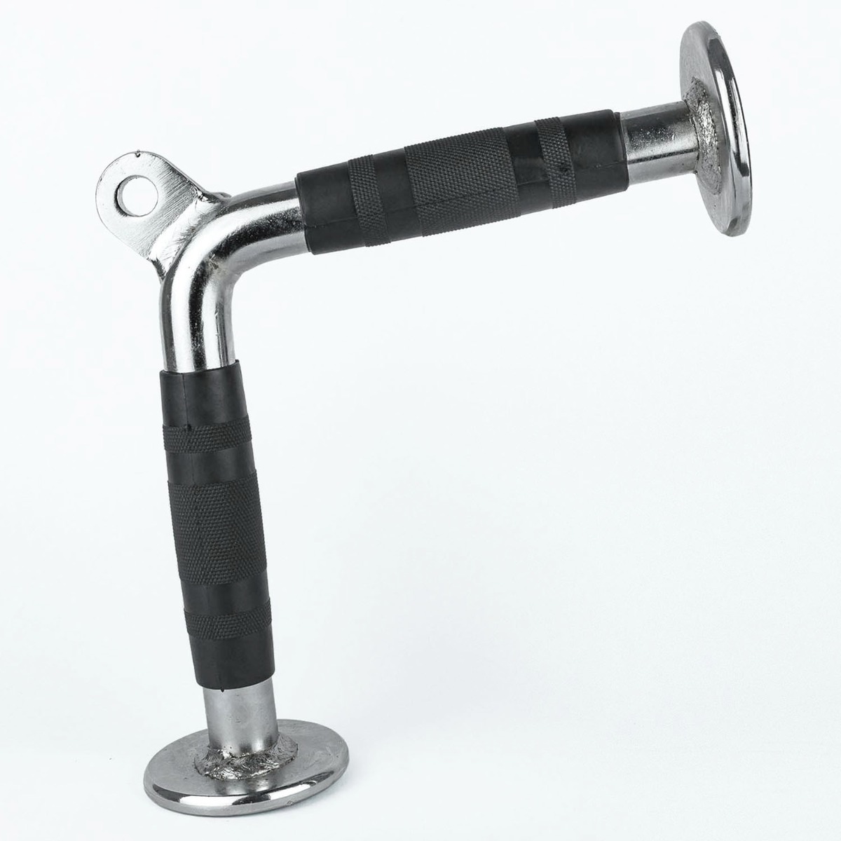 Chrome-plated steel triceps bar with rubber grip, designed for cable machines, measuring approximately 33x18cm