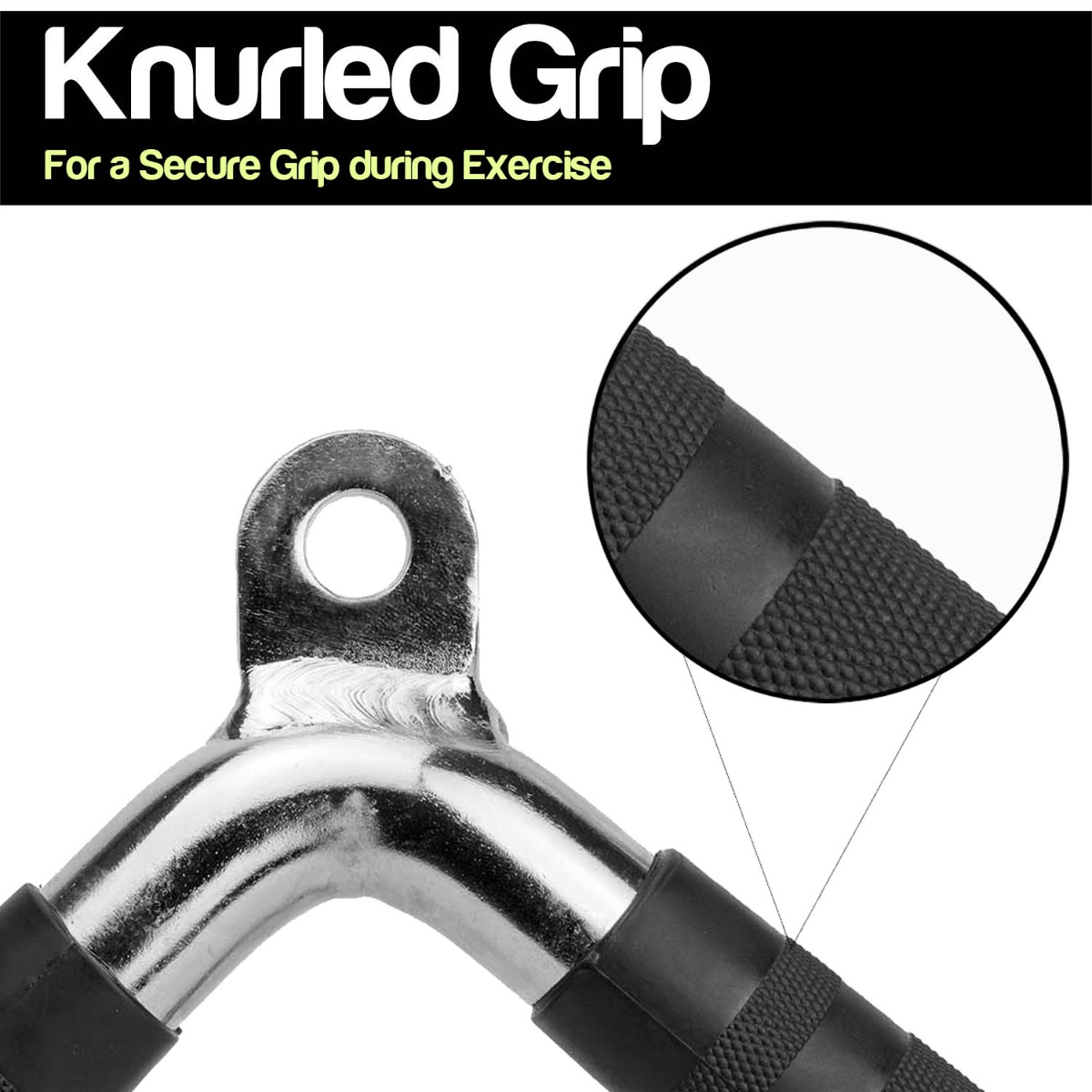 Chrome-plated triceps push down bar with rubber grips designed for cable machines, measuring approximately 33x18cm