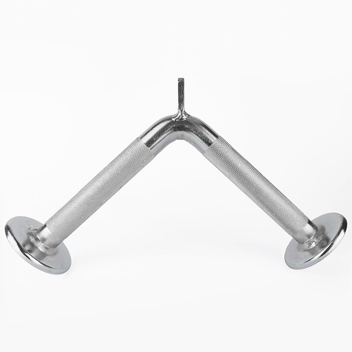 Chrome triceps bar with knurled grip designed for cable machines, measuring approximately 33x18cm, solid steel finish
