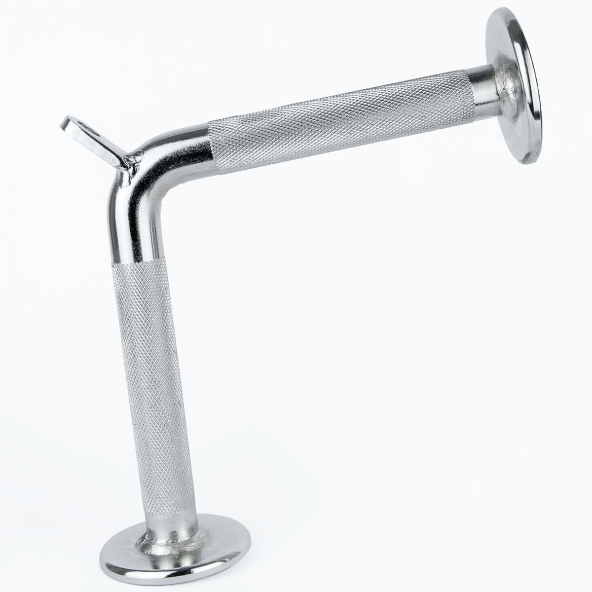 Chrome plated cable machine triceps bar with knurled grip, solid steel V-shaped design, 33x18cm dimensions